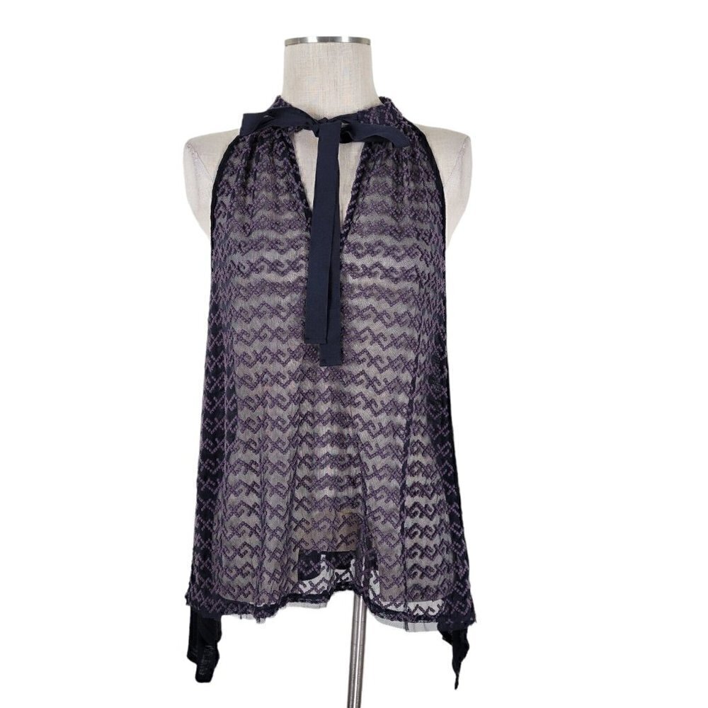 Free People Halter Top Size SP Black High Low Mesh Front Ribbed Back Ribbon Tie